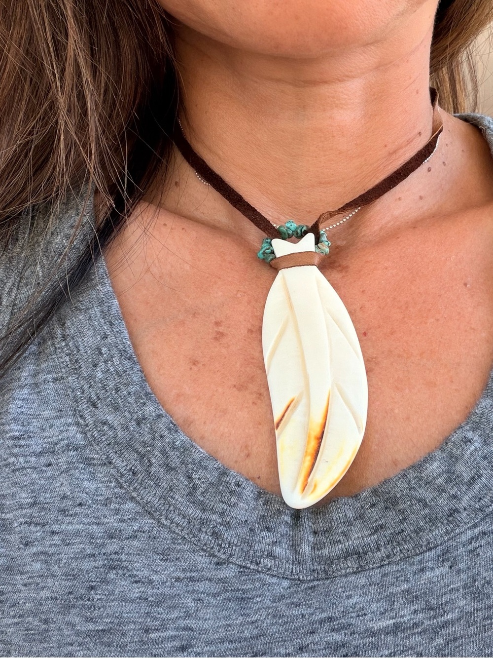 Handcrafted bone Feather Pendant Necklace with Turquoise Accents